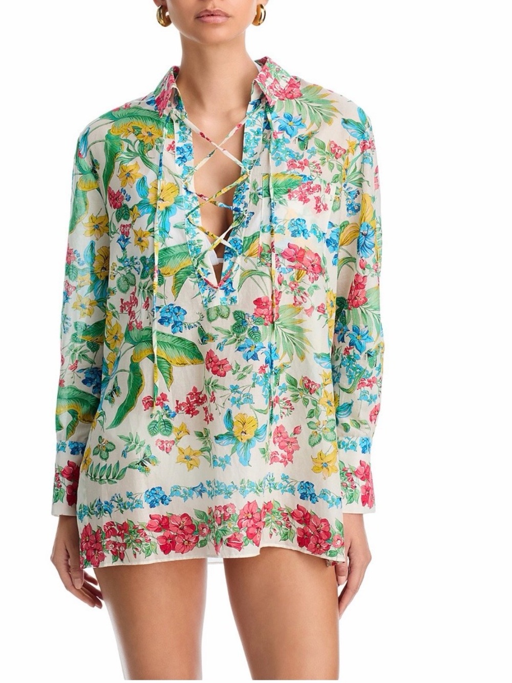 Kobi Halperin Rory Floral Lace-Up V-Neck Tunic in Multi-Color NWT